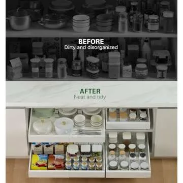 Seinloes 1 Pack Expandable Pull Out Cabinet Organizer 16.5" Deep, Upgrade 3 Slide Rails Slide Out Drawer for Kitchen Cabinets, No Drill Roll Out Shelf Adhesive, Adjustable Width 12.2"-20.4" White