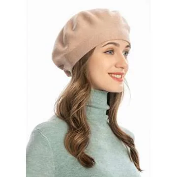 ZLYC Womens French Beret hat, Reversible Solid Color Cashmere Mosaic Warm Beret Cap for Girls (Flower Beige)