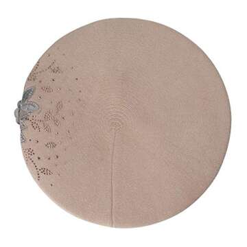 ZLYC Womens French Beret hat, Reversible Solid Color Cashmere Mosaic Warm Beret Cap for Girls (Flower Beige)