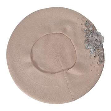 ZLYC Womens French Beret hat, Reversible Solid Color Cashmere Mosaic Warm Beret Cap for Girls (Flower Beige)