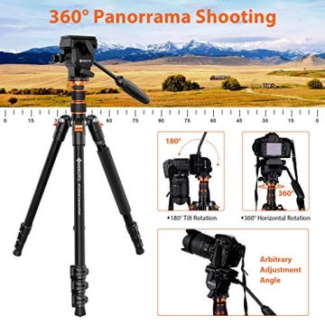 GEEKOTO 77" Video Tripod Fluid Head for DSLR Cameras