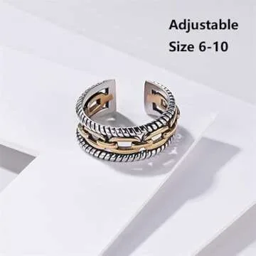 ChicSilver Chain Rings for Women Open Adjustable Cuban Link Ring for Men Retro 925 Sterling Silver Knuckle Statement Ring
