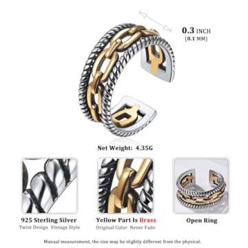 ChicSilver Chain Rings for Women Open Adjustable Cuban Link Ring for Men Retro 925 Sterling Silver Knuckle Statement Ring