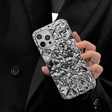Shinymore iPhone 14 Pro Max Glitter Case, Fashion Bling Glitter Silver Cute Soft Silicone Tin Foil 3D Pleats Women Girls Shockproof Soft Case Cover for iPhone 14 Pro Max