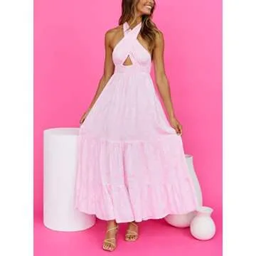 ZebraGirl Women's Tight Tie Straps Neck-wrappe Backless Floral Print Maxi Dress ZC32-Pink-L