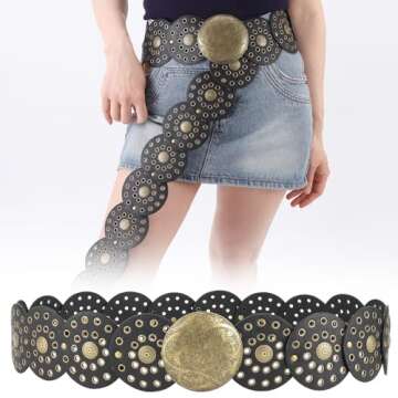 Dazzleimart Hollow Disc Belt Western Style Exaggerated Cowboy Wide Disc Belt Metal Buckle Vintage Soft Belt for Women