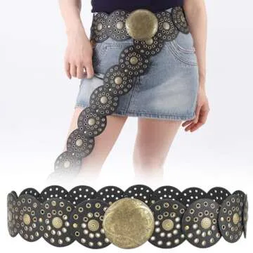 Dazzleimart Hollow Disc Belt Western Style Exaggerated Cowboy Wide Disc Belt Metal Buckle Vintage Soft Belt for Women
