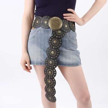 Dazzleimart Hollow Disc Belt Western Style Exaggerated Cowboy Wide Disc Belt Metal Buckle Vintage Soft Belt for Women