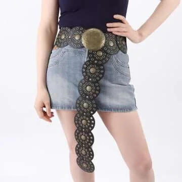 Dazzleimart Hollow Disc Belt Western Style Exaggerated Cowboy Wide Disc Belt Metal Buckle Vintage Soft Belt for Women