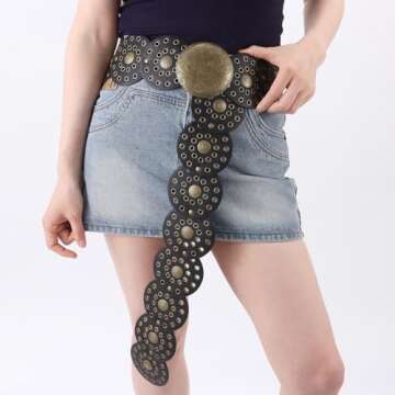 Dazzleimart Hollow Disc Belt Western Style Exaggerated Cowboy Wide Disc Belt Metal Buckle Vintage Soft Belt for Women