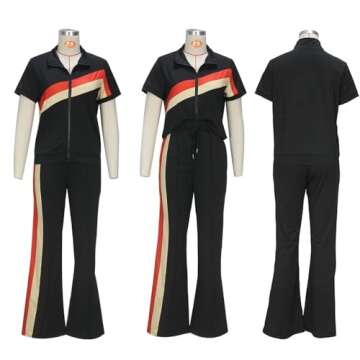 Batehif Women's Lounge Outfits Two Piece Sets 80s 90s Short Sleeve Zipper Top Flare Legging Pants