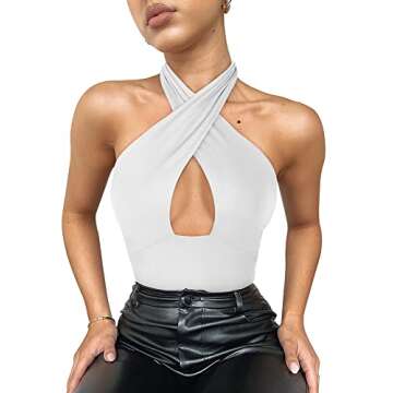 REORIA Women's Sexy Criss Cross Halter Neck Sleeveless Party Club Night Going Out Thong Bodysuits Tops White Large