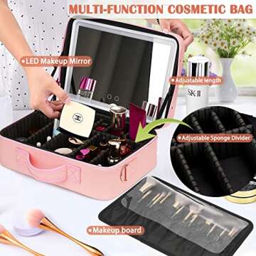 KuMers Travel Makeup Bag with Lighted Mirror - Large Capacity