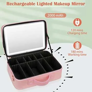 KuMers Travel Makeup Bag with Lighted Mirror - Large Capacity