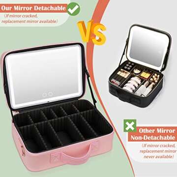 KuMers Travel Makeup Bag with Lighted Mirror - Large Capacity