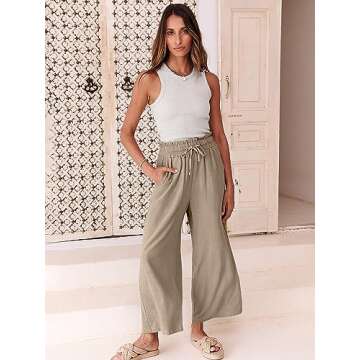 ANRABESS Women Linen Pants Casual Loose High Waist Boho Wide Leg Cropped Palazzo Beach Pants Summer Outfits 2025 Trendy Medium Khaki