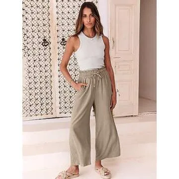 ANRABESS Women Linen Pants Casual Loose High Waist Boho Wide Leg Cropped Palazzo Beach Pants Summer Outfits 2025 Trendy Medium Khaki