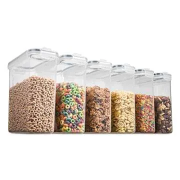 6 Pack Airtight Cereal & Dry Pet Food Storage Container - BPA Free Plastic Kitchen and Pantry Organization Canisters for, Flour, Sugar, Rice, Nuts, Snacks & More (135.5 Oz) Labels & Chalk Marker