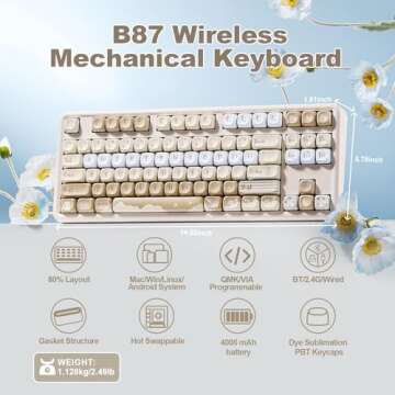 YUNZII B87 Wireless Mechanical Keyboard,QMK/VIA Programmable,TKL Layout 87 Keys,BT/2.4G/USB-C,Hot Sw...