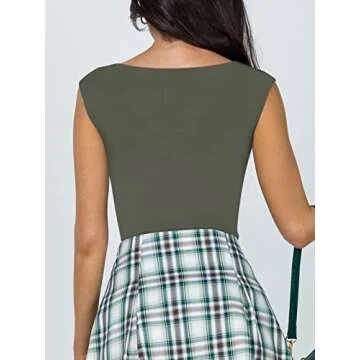 REORIA Women's Summer Sexy Casual V Neck Double Lined Seamless Sleeveless Slimming One Piece Leotards Going Out Trendy Tank Top Tees Thong Bodysuits Grey Green Small