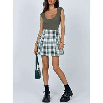 REORIA Women's Summer Sexy Casual V Neck Double Lined Seamless Sleeveless Slimming One Piece Leotards Going Out Trendy Tank Top Tees Thong Bodysuits Grey Green Small