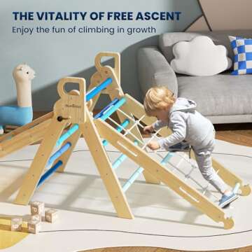 BlueWood 2025 8 in 1 Pikler Triangle Climbing Set Toddler Toys Indoor Baby Jungle Gym Climber Playground for Kids - Sky Blue