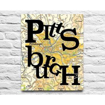 Pittsburgh Pennsylvania Vintage Typography Map Art Print, Unframed, Retro Antique Road Atlas, 8x10 I...