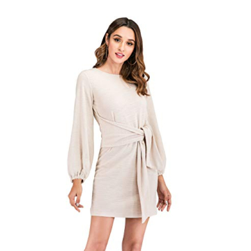R.Vivimos Women's Autumn Winter Cotton Long Sleeves Elegant Knitted Bodycon Tie Waist Sweater Pencil Dress (Small, Beige)
