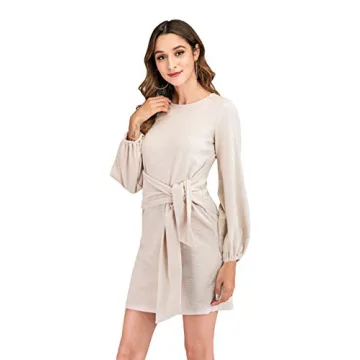 R.Vivimos Women's Autumn Winter Cotton Long Sleeves Elegant Knitted Bodycon Tie Waist Sweater Pencil Dress (Small, Beige)