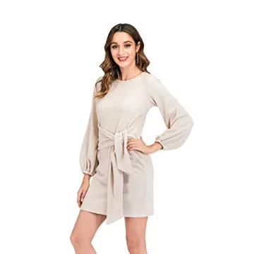R.Vivimos Women's Autumn Winter Cotton Long Sleeves Elegant Knitted Bodycon Tie Waist Sweater Pencil Dress (Small, Beige)