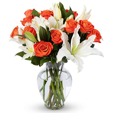 Benchmark Bouquets Orange Roses & Lilies, Glass Vase Included, Gift Fresh Flowers for Valentine’s ...