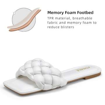 ATHMILE Braided Womens Sandals Square Open Toe Fashion Slide Sandals Women Dressy Summer Flat Beach White 2025 Size 9