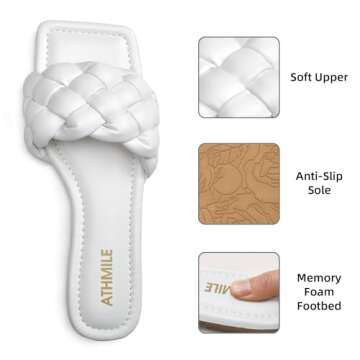 ATHMILE Braided Womens Sandals Square Open Toe Fashion Slide Sandals Women Dressy Summer Flat Beach White 2025 Size 9