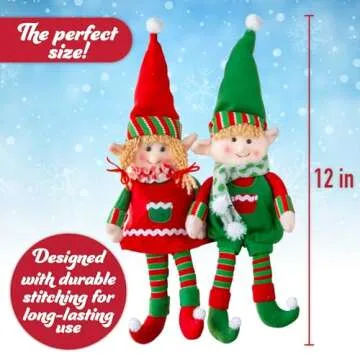 Elf Plush Christmas Stuffed Dolls, Set of 2 - 12" Boy and Girl Elves Holiday Cute Plush Shelf Toys - Fun Kids Buddy Figurine Decorations, Christmas Winter Holiday Party Festive Decor and Gift Exchange