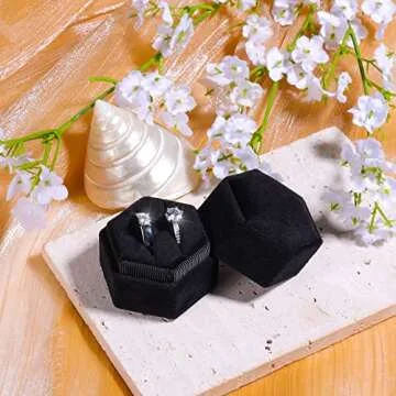 AIEX Velvet Ring Box for Jewelry, Double Slots Hexagon Ring Case Box for Proposal Engagement Wedding Ceremony Valentines Day for Holding 2 Rings (Black)