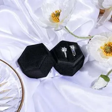AIEX Velvet Ring Box for Jewelry, Double Slots Hexagon Ring Case Box for Proposal Engagement Wedding Ceremony Valentines Day for Holding 2 Rings (Black)