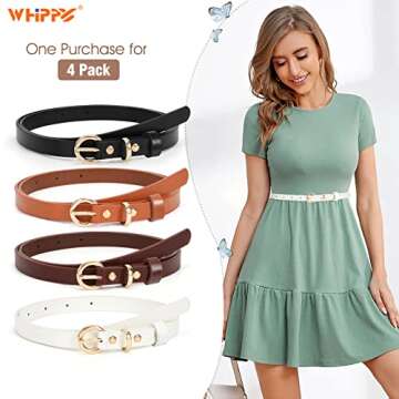WHIPPY Set of 4 Women Skinny Belts Thin Leather Waist Belt with Alloy Pin Buckle for Pants Jeans D...