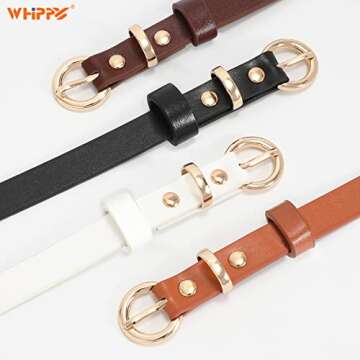 WHIPPY Set of 4 Women Skinny Belts Thin Leather Waist Belt with Alloy Pin Buckle for Pants Jeans Dresses, Black/Brown/Coffee/White,Fits Waist 23"-26"