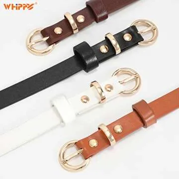 WHIPPY Set of 4 Women Skinny Belts Thin Leather Waist Belt with Alloy Pin Buckle for Pants Jeans Dresses, Black/Brown/Coffee/White,Fits Waist 23"-26"