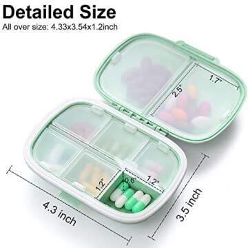 MEACOLIA 2 Pack 8 Compartments Travel Pill Organizer Box Moisture Proof Small Pill Case for Pocket Purse Daily Pill Holder Container for Medicine Vitamin (Cyan & Khaki)