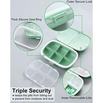 MEACOLIA 2 Pack 8 Compartments Travel Pill Organizer Box Moisture Proof Small Pill Case for Pocket Purse Daily Pill Holder Container for Medicine Vitamin (Cyan & Khaki)