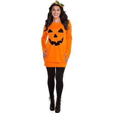 Jack-O-Lantern Pumpkin Tunic Dress and Accessory Set | Standard Size For Adult | Black and Orange- 1 Set