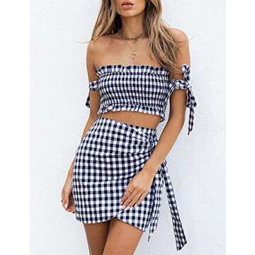Cuihur Womens Two Piece Outfit Strapless Plaid Crop Top and Skirts Set Beachwear Black M