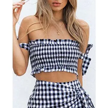 Cuihur Womens Two Piece Outfit Strapless Plaid Crop Top and Skirts Set Beachwear Black M