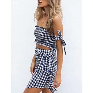 Cuihur Womens Two Piece Outfit Strapless Plaid Crop Top and Skirts Set Beachwear Black M