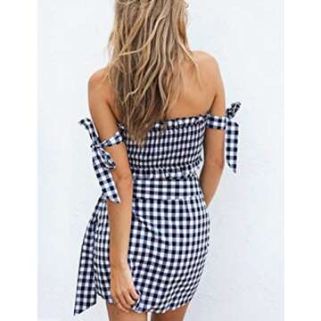 Cuihur Womens Two Piece Outfit Strapless Plaid Crop Top and Skirts Set Beachwear Black M