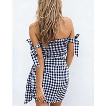 Cuihur Womens Two Piece Outfit Strapless Plaid Crop Top and Skirts Set Beachwear Black M