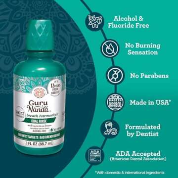 GuruNanda Oral Rinse Fresh Breath Mouthwash, ADA-Accepted Alcohol-Free Mouthwash, 7 Essential Oils & Vitamins, SLS & Flouride-Free, Wild Mint, 3 Oz