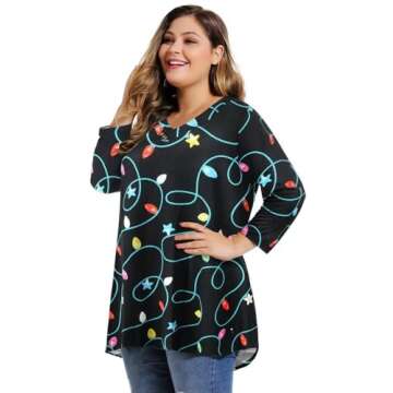 MONNURO Plus Size 3/4 Sleeve V Neck Button Casual Loose Flowy Swing Tunic Tops Basic Christmas Shirt...