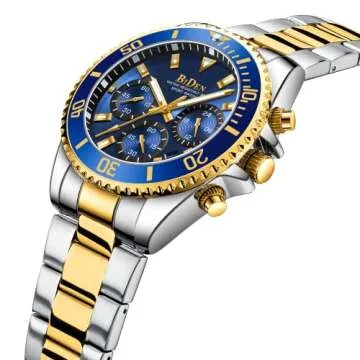 BIDEN Mens Watches Chronograph Gold Blue Stainless Steel Waterproof Date Analog Quartz Watch Busines...
